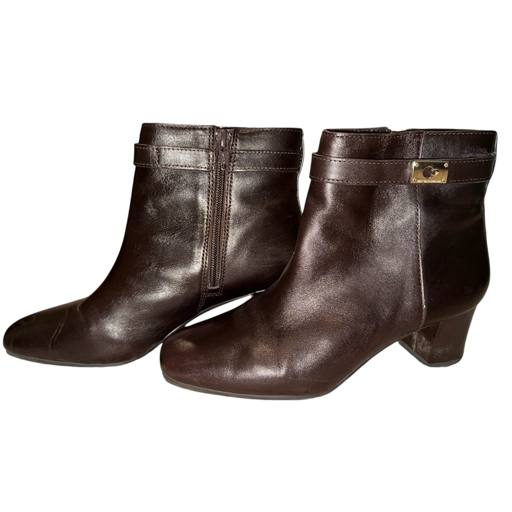 Antonio Melani soft brown Leather Ankle Boots Womens 6.5M Side Zip block Heel